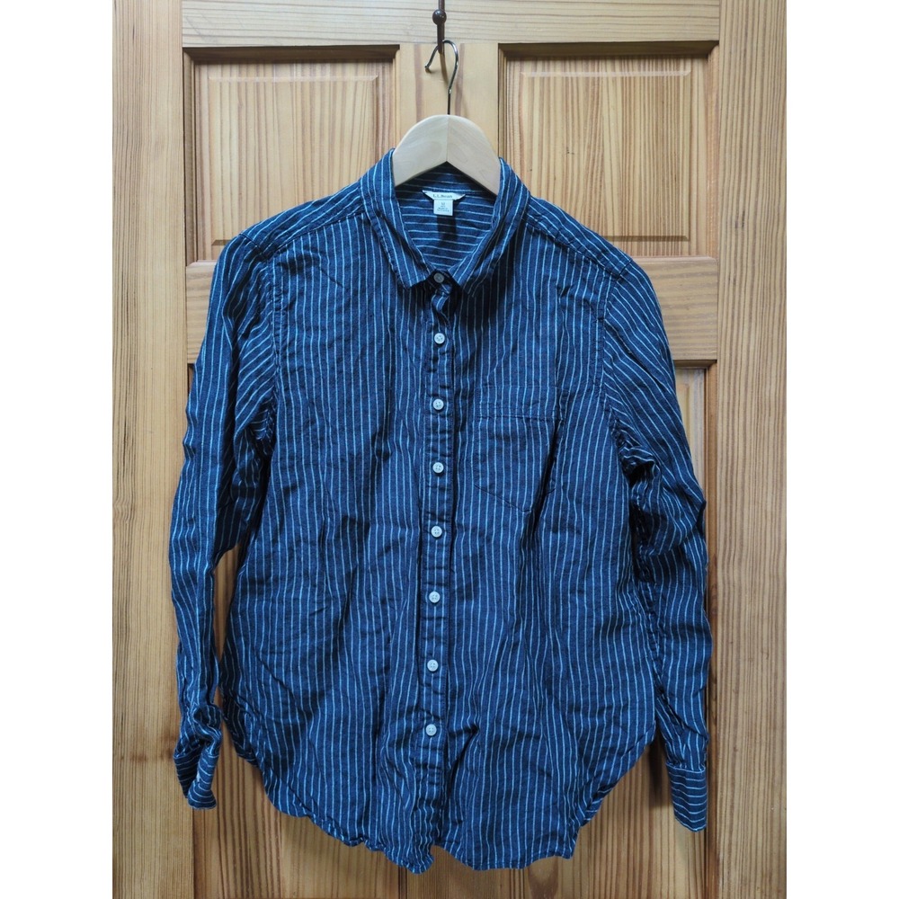 LL Bean Women Blue/White Striped Washable  Linen Shirt Medium Petite Long Sleeve